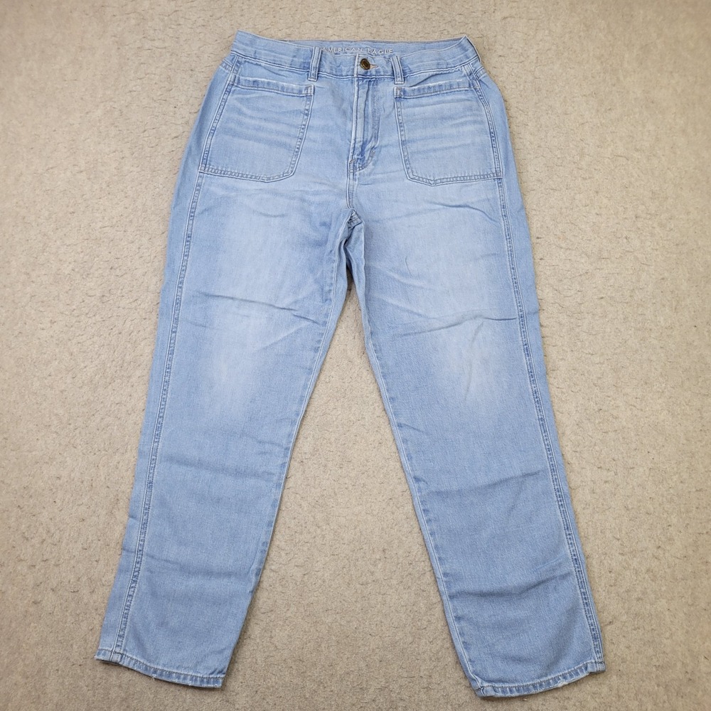 American Eagle Mom Jeans Womens 8 Reg Blue Light Wash Stretch Stretch